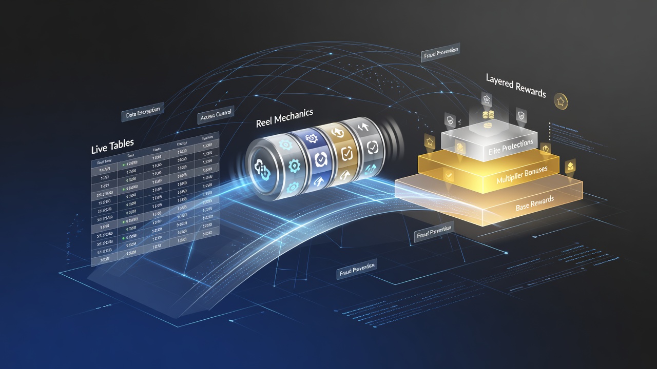 Diagram showing layered reward ladders connecting live tables to slot reels alongside encrypted protection protocols