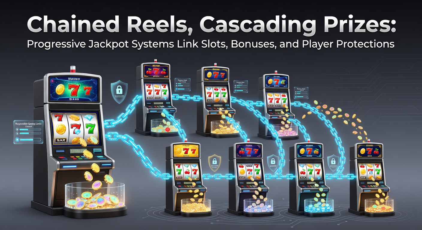 Vibrant slot machine network displaying interconnected progressive jackpots with cascading reel animations and glowing prize meters