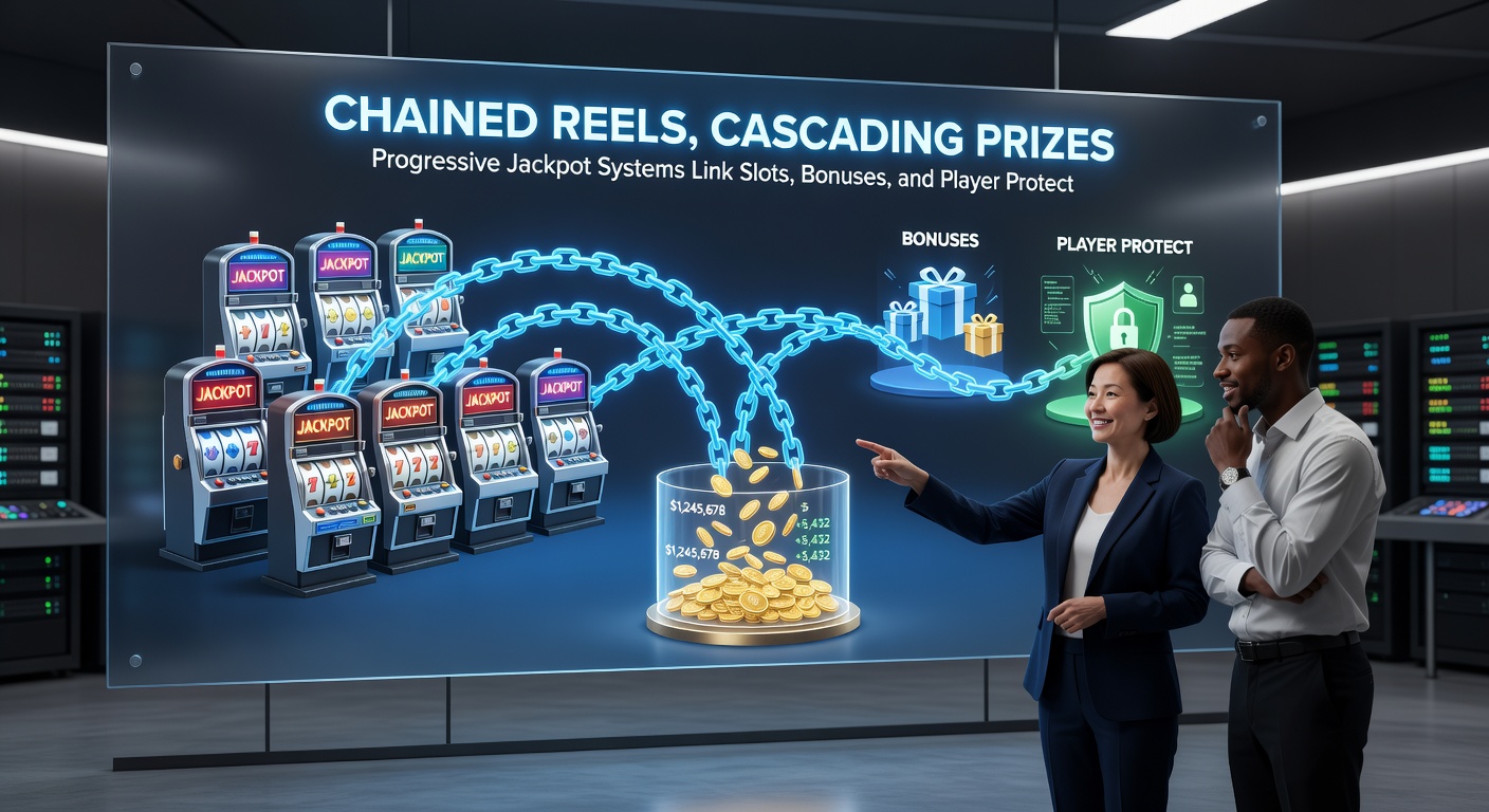 Dynamic graphic of cascading reels triggering a progressive jackpot explosion across linked slot screens, with bonus meters filling rapidly
