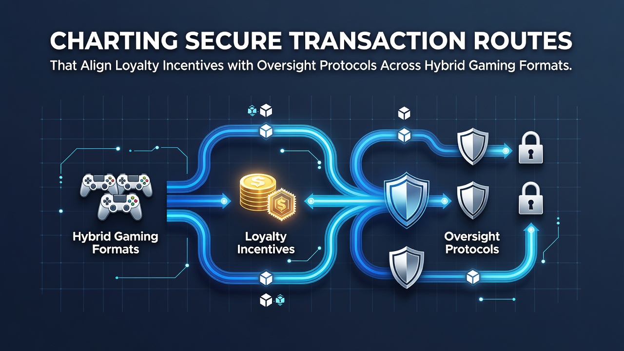 Illustration of secure transaction pathways connecting digital and physical gaming platforms with integrated loyalty and oversight systems