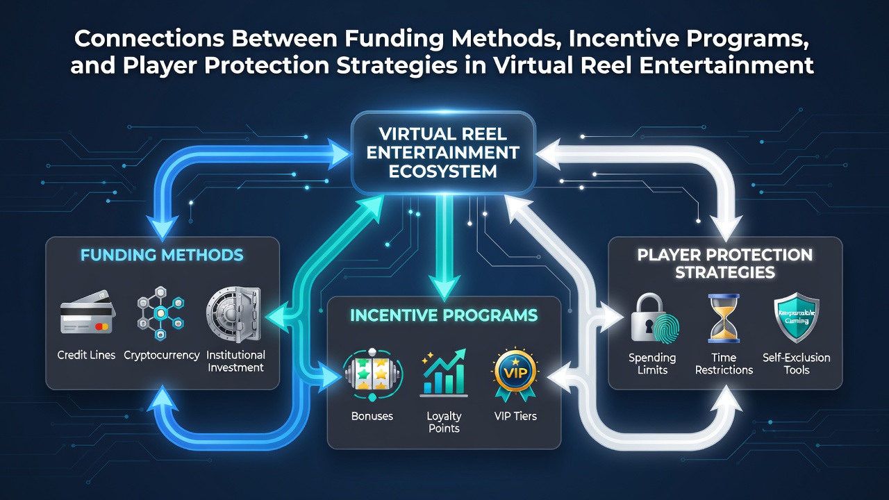 Illustration showing interconnected payment systems, bonus programs, and player safety tools in online slot environments