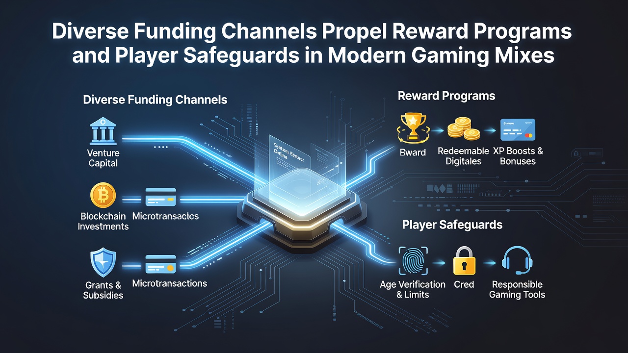 Illustration of diverse payment methods connecting to reward programs and safety features in online gaming platforms