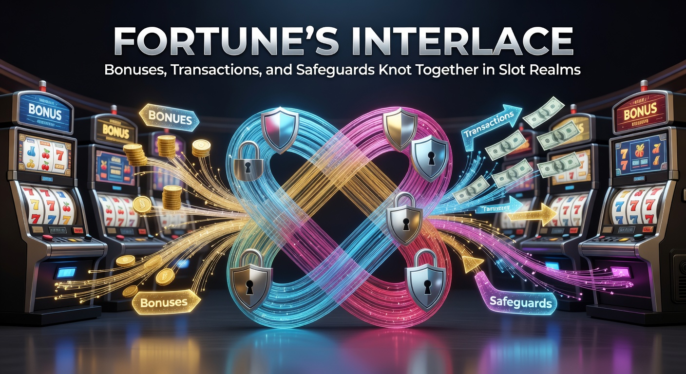 Vibrant slot machine reels displaying cascading bonuses, secure payment icons, and protective shield symbols intertwined in a dynamic web of fortune