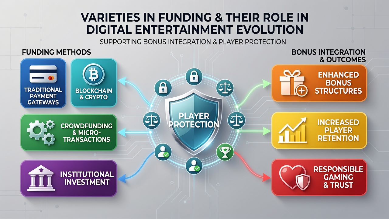 Secure transaction flow showing funding options connected to bonus activation and protection layers