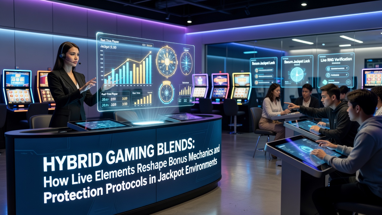 Hybrid gaming setup showing live dealer integration with digital slot interfaces and jackpot displays