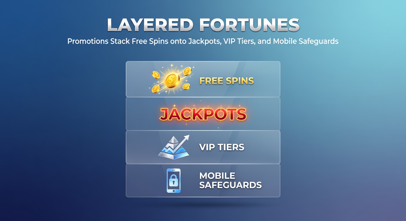 Vibrant graphic showing stacked slot promotions with free spins icons layering over jackpots, VIP crowns, and mobile lock shields