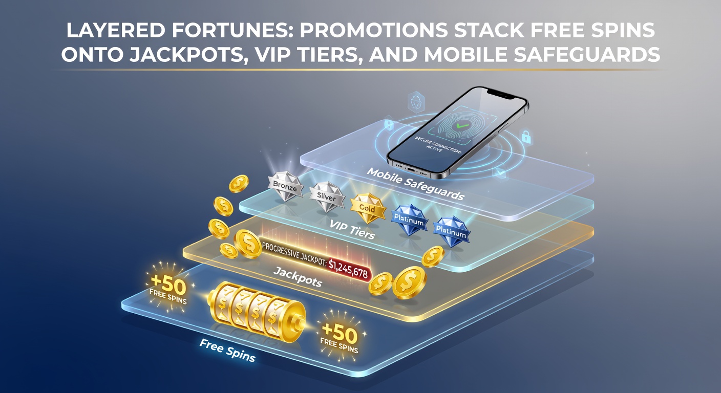 Dynamic illustration of free spins exploding into jackpot pots, VIP ladders rising, and mobile devices encased in protective barriers