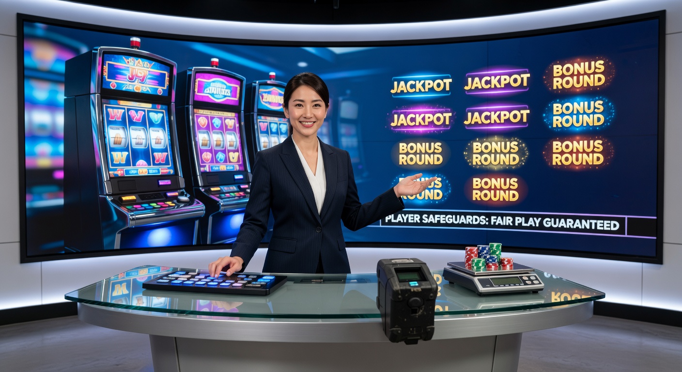 Close-up of a live dealer activating a jackpot bonus on a multi-reel slot machine with glowing progressive meters