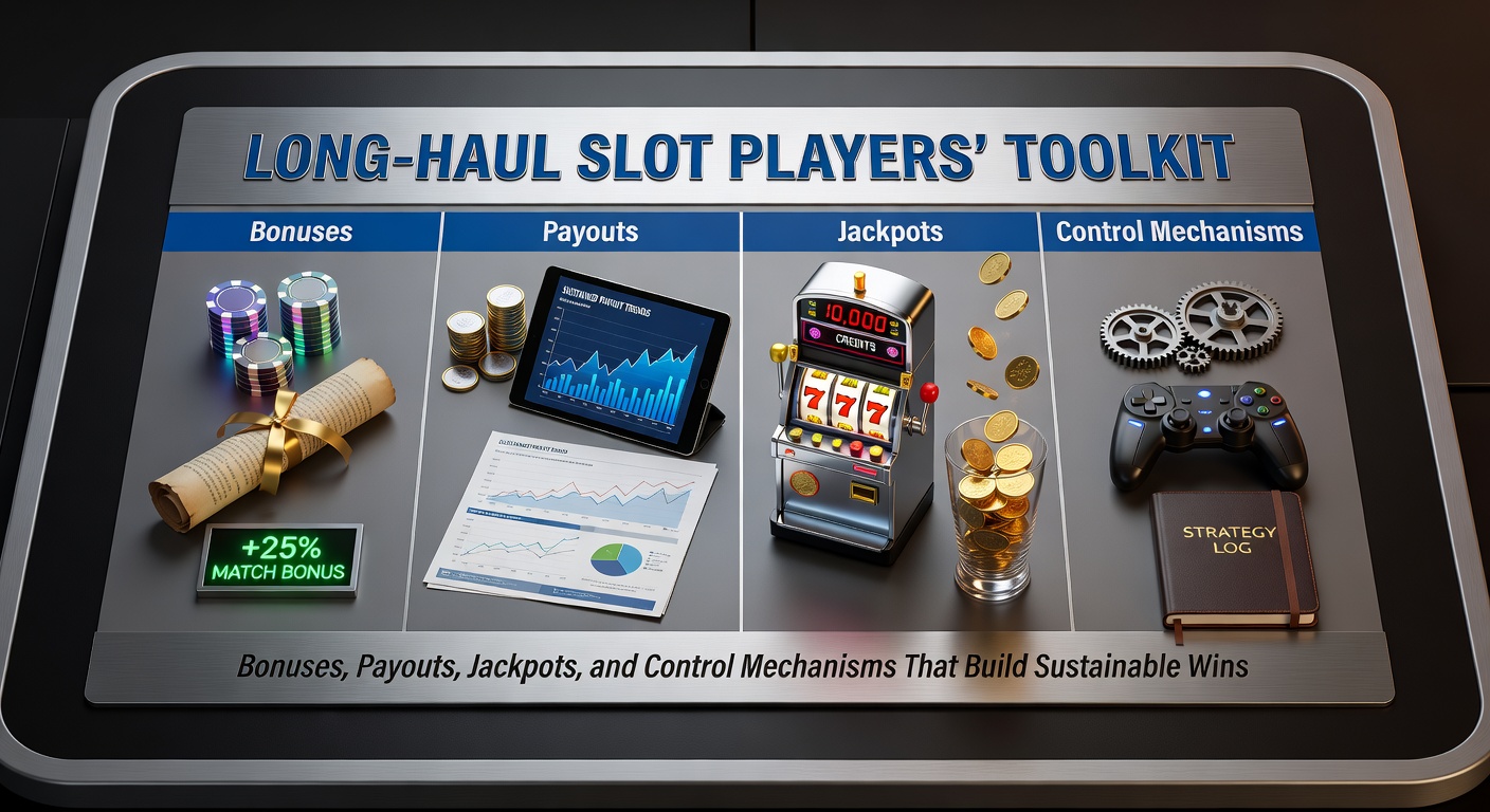 Slot machine reels spinning with glowing jackpot symbols and bonus icons, illustrating long-term play strategies