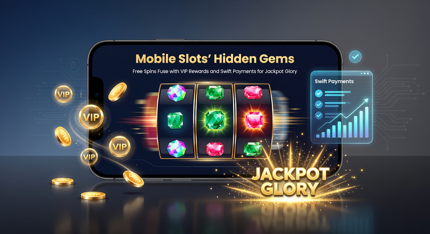 Vibrant mobile slot screen showing cascading free spins and glittering jackpot symbols, with VIP badge overlay and swift payment icons