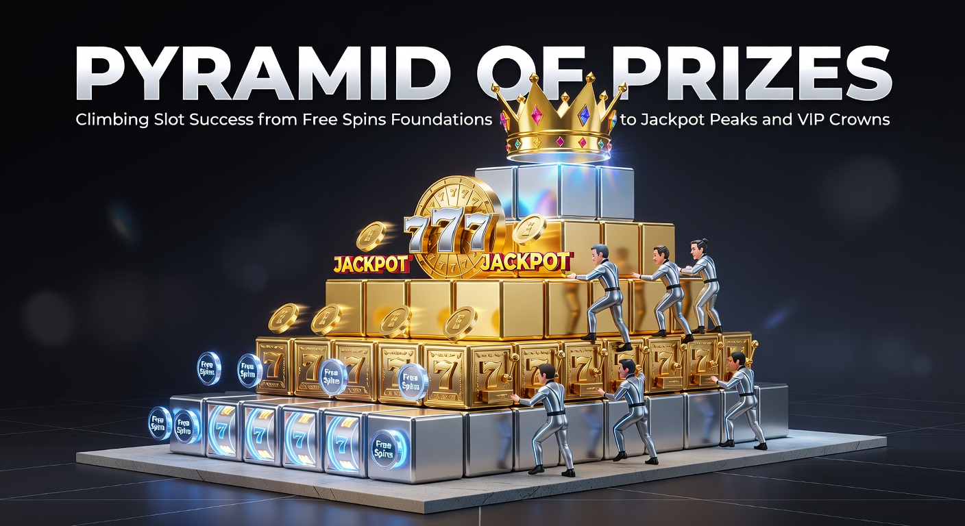 Colorful pyramid graphic illustrating slot game progression from free spins base to jackpot and VIP top tiers, with glowing prizes cascading down levels