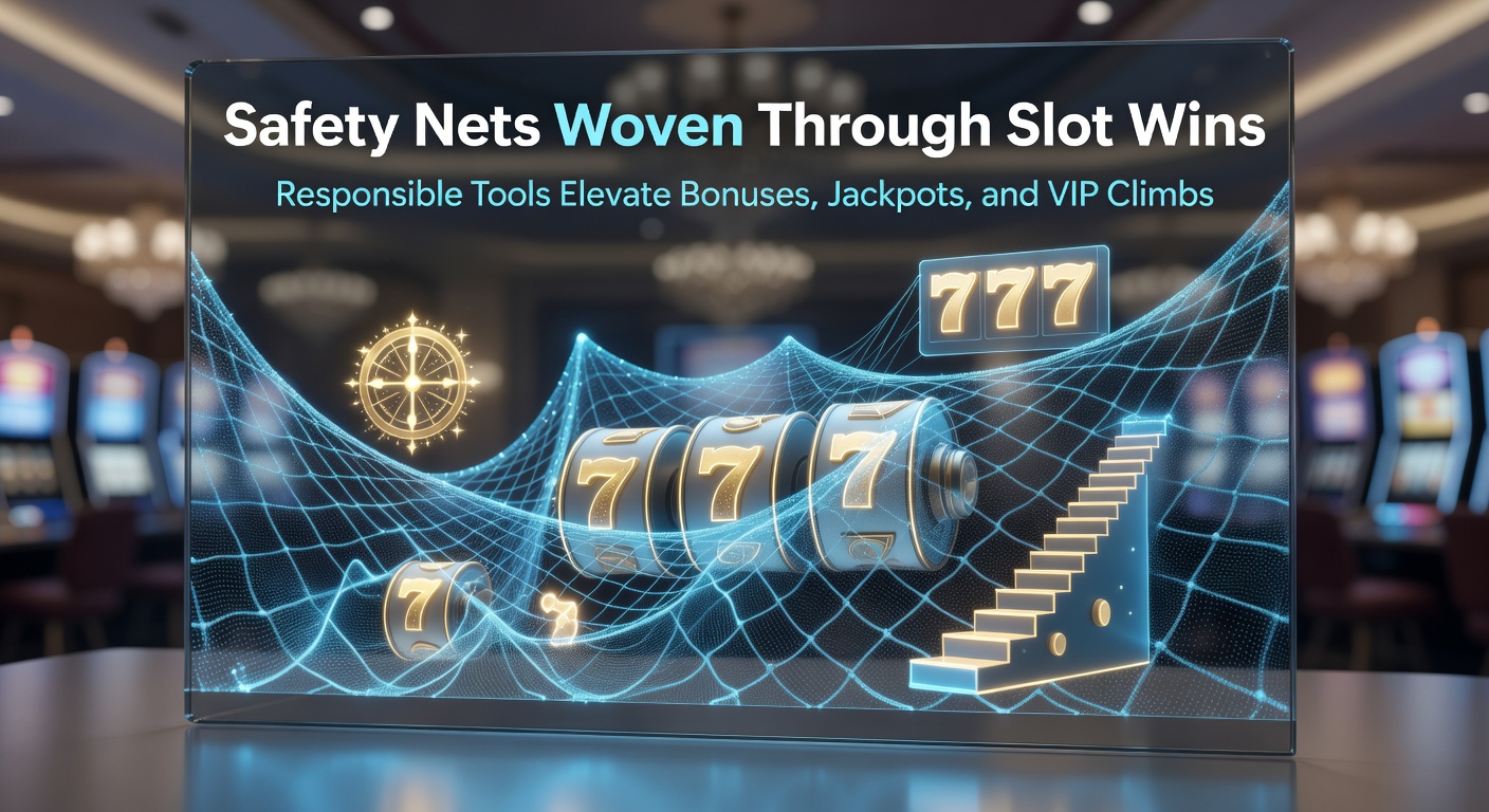 Illustration of slot machine reels intertwined with safety net motifs, symbolizing responsible gaming integrated into wins and rewards