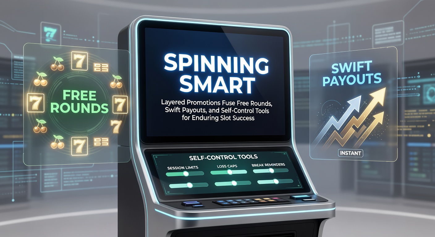Vibrant slot reels spinning with overlaid icons of free spin symbols, lightning-fast payout arrows, and shield-like self-control tools, illustrating integrated promotions for sustained success