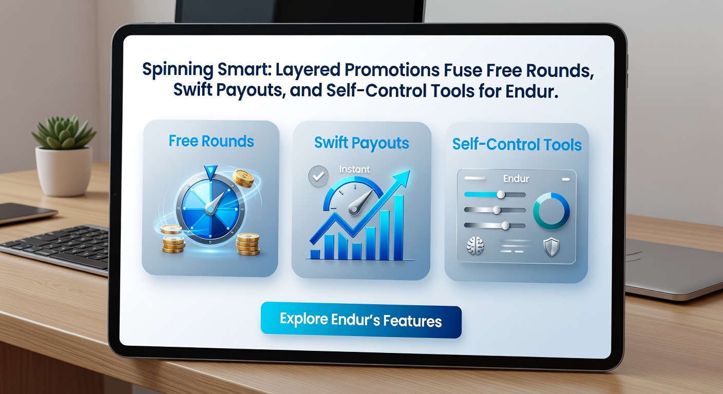 Dynamic graphic showing a slot interface with free spin counters ticking up, payout timers flashing green for instant approval, and self-control sliders set to safe limits, symbolizing balanced, layered gameplay