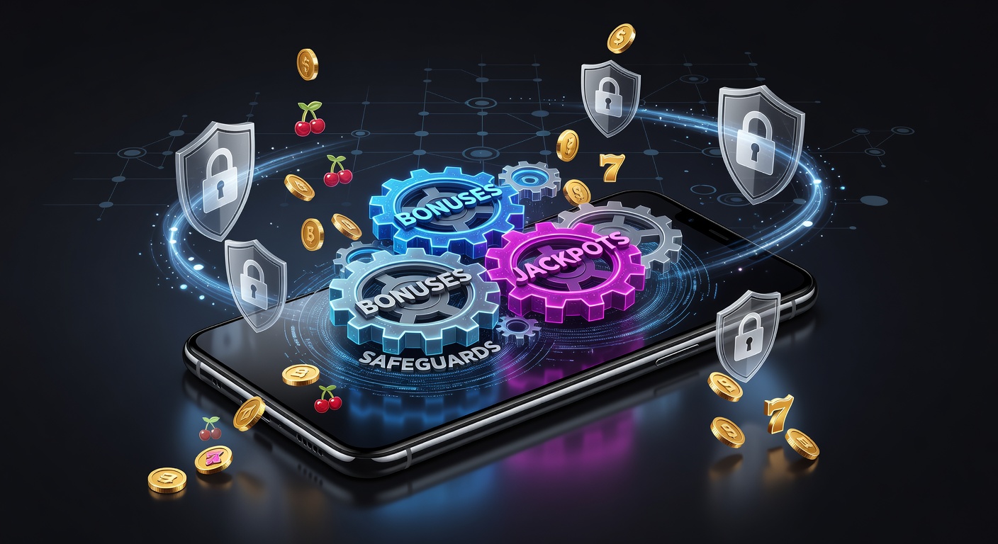 Vibrant graphic showing interconnected gears representing bonuses, jackpots, and safety shields in a mobile slot interface