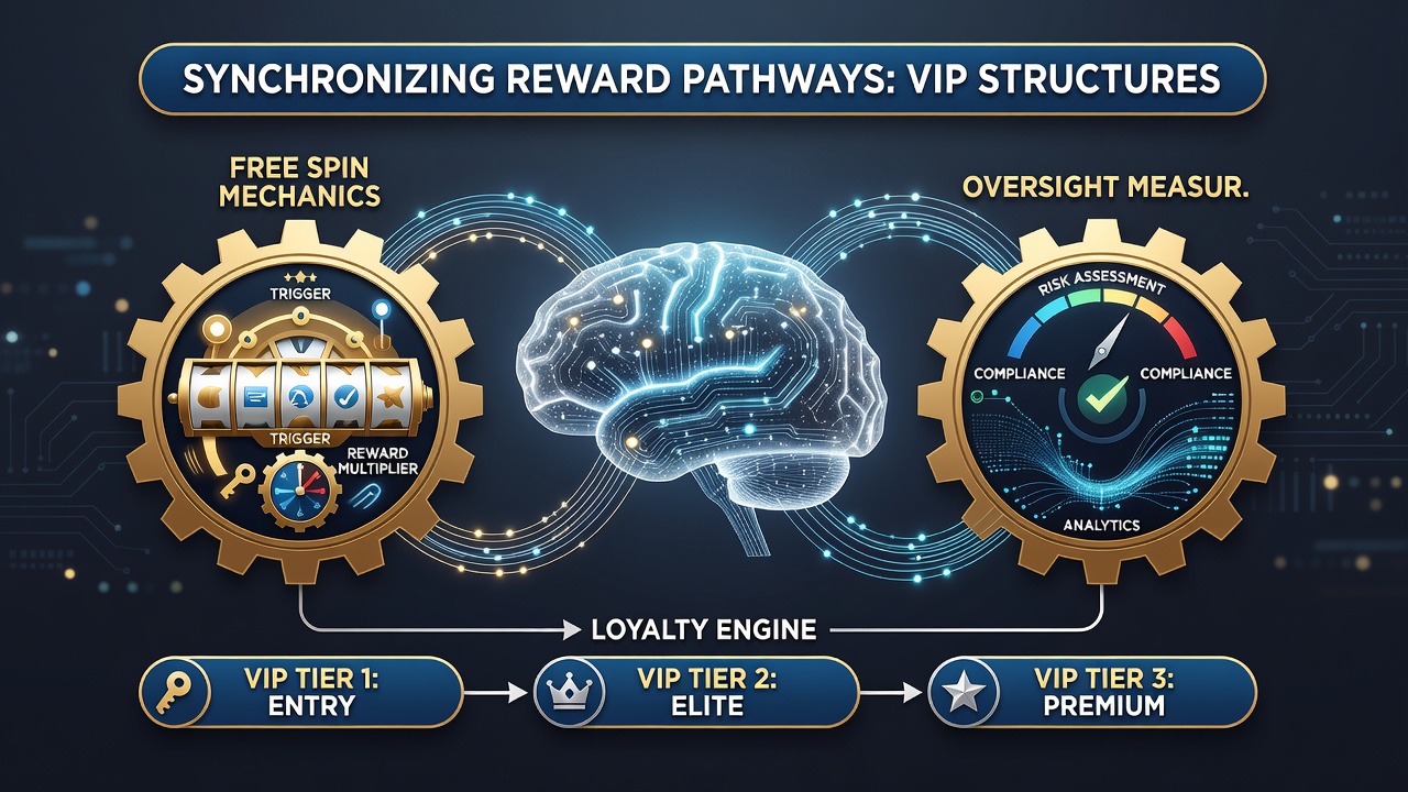 Illustration of casino oversight dashboard displaying free spin and VIP tier synchronization metrics