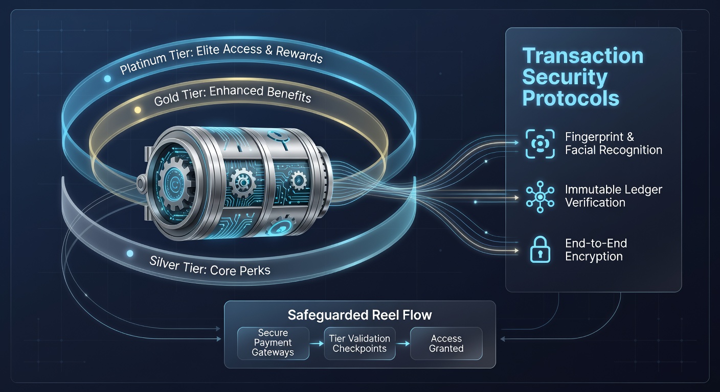 Loyalty tier dashboard showing secure transaction history feeding into VIP benefit unlocks for slot players