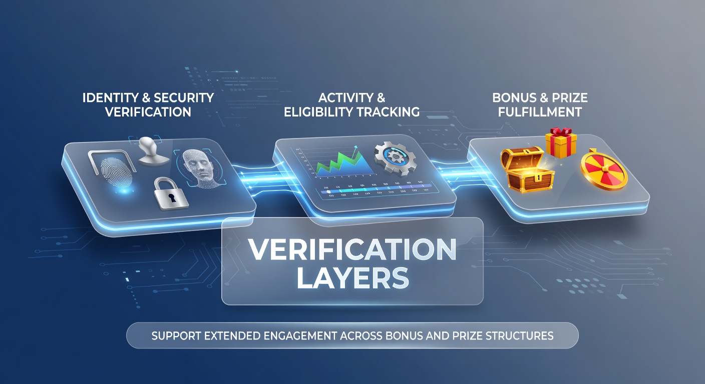 Illustration of layered verification processes integrated with gaming reward platforms showing identity checks and bonus activation pathways