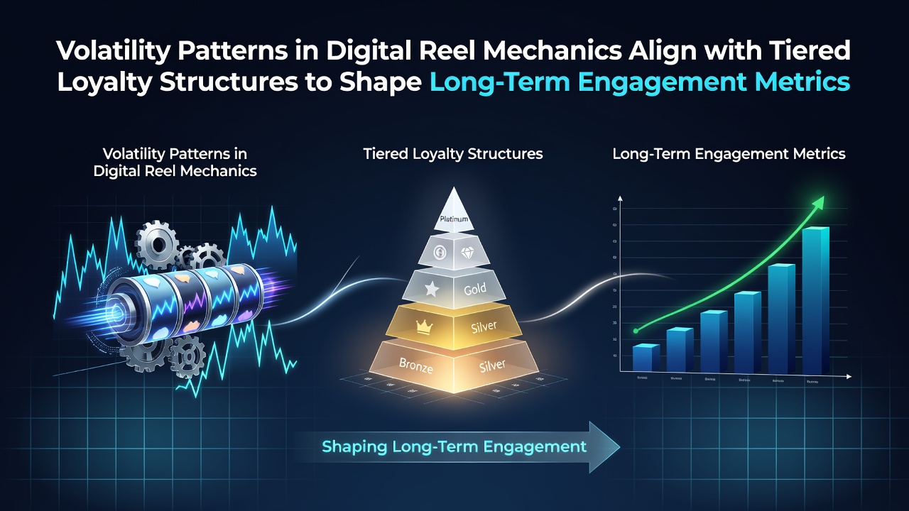 Digital slot reels displaying volatility patterns alongside tiered loyalty progression charts